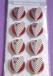 3D Sticker Button mit Herzen rot silber, 8 Stück