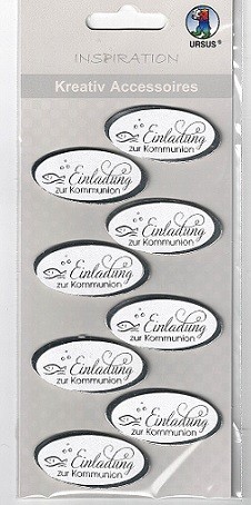 3D Sticker Einladung zur Kommunion perlmutt silber, 8 Stück