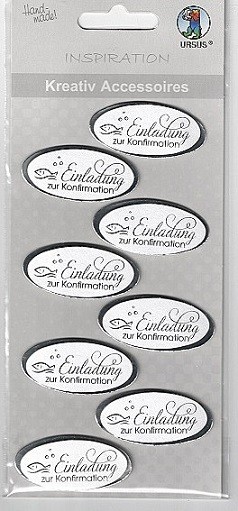 3D Sticker Einladung zur Konfirmation perlmutt silber, 8 Stück