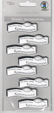 3D Sticker Wir feiern meine Kommunion perlmutt silber, 8 Stück