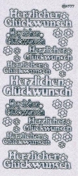 Konturensticker transparent glitter silber, Herzlichen Glückwunsch in Blockschrift